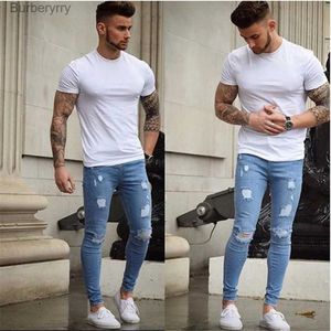 Men's Jeans S/4XL Men's Stretchy Biker Jeans Skinny Destroyed Taped Slim Fit Denim Pencil Pants Ripped Jeans for Light Blue StreetwearL231011