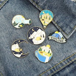 Sky Mountain Shape Alloy Brooches Coffee Moon Explore Camping Model Pins Balloon Circle Backpack Hat Badge Jewelry Whole Acces265L