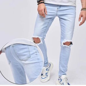 Men's Jeans 2023 European And American With Torn Holes Elastic Casual Small Foot Slim Pants Classic Solid Color