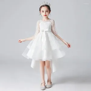 Girl Dresses Flower Trumpet Dress White Princess Kids Clothes Solid Embroidery Print O-Neck Half Sleeve Tutu For Host Birthday