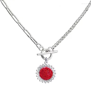 Pendant Necklaces Fashion Sunflower Red Crystal Stainless Steel Chain Necklace Women/Men Bohemian Small Daisy Pearl Collar Jewelry N4905S06