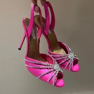 Aquazzura Women's Crystal Encrusted Ankle Wrapped High Heel Sandals Satin pvc Fashion Rhinestone Slingback Stiletto Heel 105mm Luxury Designer sandal women