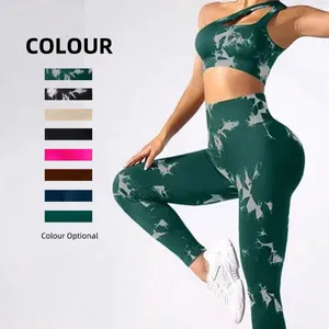 Completo da yoga con spalla obliqua senza cuciture tinto in cravatta, set da due pezzi, reggiseno con schienale cavo, set di pantaloni color pesca miele da donna