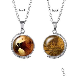 Pendant Necklaces Vintage Map Time Gem Pendant Necklace Double Side Glass Cabochon Rotatable Globe Necklaces Chains For Women Kids Fas Dhhfu