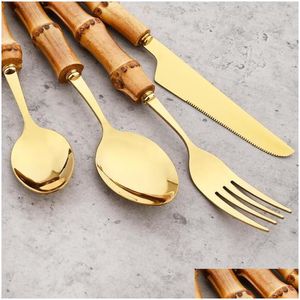 Servisuppsättningar servis uppsättningar 24st Creative Knife Fork Teskoon Flatware Set Bamboo Handle Cutlery rostfritt stål Kök bordsskivor dhuf8