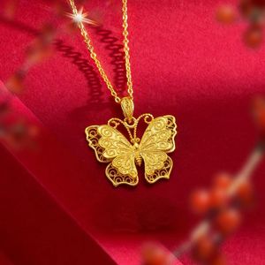 Pingente colares real 18k ouro oco borboleta colar lavicle corrente para mulheres noiva pura 999 correntes jóias finas presentes 231012