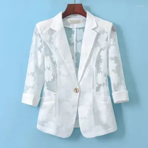 Women's Suits Plus Size S-5XL Women Blazer Jacket Lace Floral Thin Short Slim Spring Summer Autumn Fashion Casual Elegant White Black