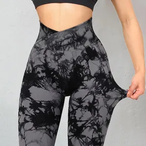 Hög midja tätt fitness yogabyxor Cross Tie Dye Hip Lifting Women's Sports Pants Cycling Pants