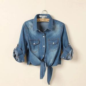 Blusas femininas casuais recortadas de algodão denim camisas para mulheres verão meia manga rendas até camisa feminina moda vintage blusa topo 2023