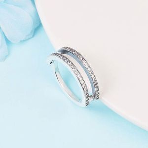 925 Sterling Silver Signature & Pave Double Band Clear Cz Stones Ring Fit Pandora Charm Jewelry Engagement Wedding Lovers Fashion Ring For Women