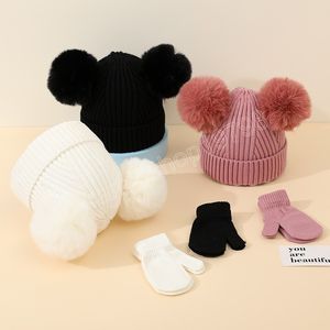 2Pcs Cute Winter Baby Hat Gloves Set Double Pompom Kids Boys Girls Knitted Beanie Cap Solid Children Outdoor Warm Caps Mittens