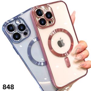 6T Fashion Transparent Magnetic Wireless laddningsfodral för iPhone 15 14 Plus 13 12 11 Pro Max Plating Soft Silicone Cover 848D