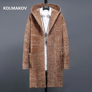 Herrtröjor kashmirtröja 2024 Spring Long Style Men's Hooded Turtleneck s Warm Stick Cardigan Men M4XL 5XL 231011