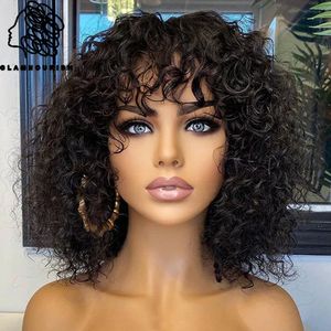 Syntetiska peruker Glueless Curly Human Hair Wigs Machine Made Scalp Top Wig With Bangs 200% Density Shoulder-betande Curly Wig With Wispy Bangs 231012