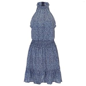 Casual Dresses Womens Halter Neck Summer Boho Floral Print Ruffle Dress Sleeveless Backless Vintage Belt Petite