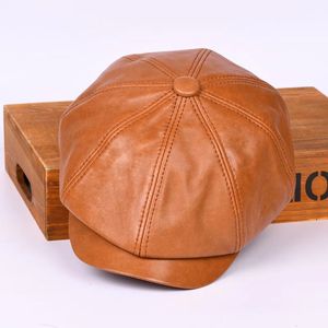 Berets moda masculino couro gastby chapéu homens octogonal boina outono inverno britânico bonés retro pele de carneiro sboy boina pintor gorras 231012