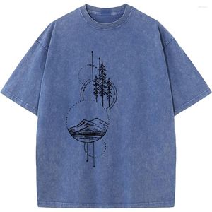 Herr t-skjortor geometriska abstrakt berg kortärmad skjorta 230g bomullsmode tvättad t-shirt vintage sommar blekt t-shirt toppar