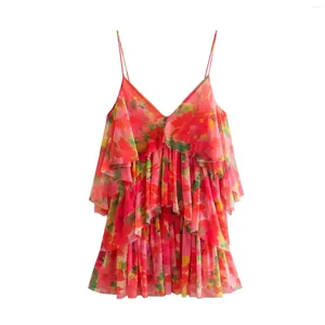 Kvinnors tankar Summer Red Print Floral Camisole Vest Sleeveless Top for Women V-Neck Mesh Layered Camis Spaghetti Mini Super Short Dress