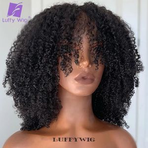 Syntetiska peruker Short Afro Kinky Curly Wig With Bangs Human Hair Scalp Top Full Machine Made Wig Remy Brasilian Afro Curly Wig Fringe 200Density 231012