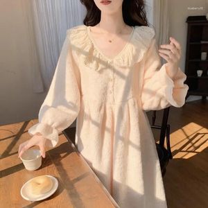 Mulheres sleepwear velo camisola renda mulheres inverno noite vestido quente uma peça pijama estilo coreano manga longa sólido plissado casa desgaste