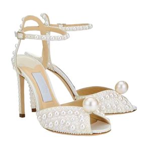 2024 Summer Luxurious Brands Sacora Dress Shoes White Pearls Leather Pumps Lady Stiletto Heel Ankle Strap Bridal Wedding High Heels EU35-43.With Box