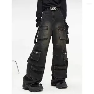 남자 청바지 아렌스화물 바지 남성 대중 넓은 다리 데님 바지 남성 블랙 디자인 일본 스트리트웨어 힙합 포켓 사파리 스타일