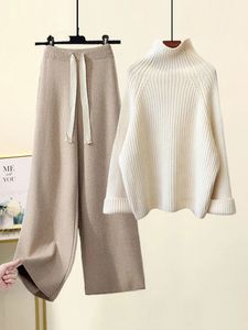 Women's Two Piece Pants Autumn Winter Warm Knitted Suit Women Long Sleeve Half Turtleneck Knitting Sweater And Wide Leg Sets Outer Wear Loose Set 231011