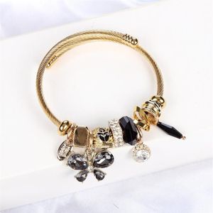 Cute Butterfly Rhinestone Pendant Bracelets Bangles Stainless Steel Geometry Crystal Beads Children Women Charm Bangle Jewelry3455