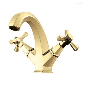 Torneiras de pia do banheiro estilo europeu clássico e frio ouro duplo alça bacia gabinete torneira lavatório drop-in