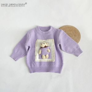 Cardigan outono em crianças bebê meninas manga cheia remendo ruched 3d urso boneca de malha camisola superior crianças bonito roupas de fundo 231012
