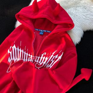 Kadın Hoodies Y2K Kawaii Şeytan Boynuz Kuyruk Hip Hop Rozeti Baskı HARDIGAN Çiftler Sokak Gevşek Zip Sweatshirt Harajuku Giysileri