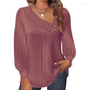 Kvinnors blusar minimalistisk stil veck tygskjorta dubbelknapp dekorativ lutning v hals pullover blus dam eleganta pendlare toppar