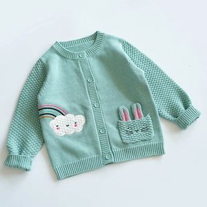 Cardigan Kids Girls kläder Lovely Green Rabbit tröja pojkar broderi Rainbow Cardigan Cotton Sweatshirt Autumn Outfit Kids 2 to7 år 231012