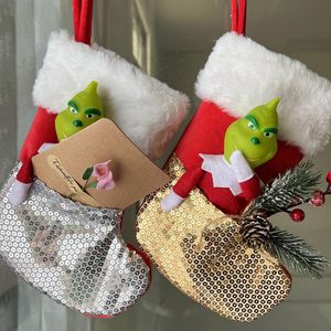 Hochwertiges Weihnachtsgeschenk, Weihnachtsstrumpf, Geschenktüte, Cartoon-Grüner Dieb-Monster-Socken mit gold- und silberfarbenen Pailletten, Weihnachtsbaum-Hängeornamente, Dekoration