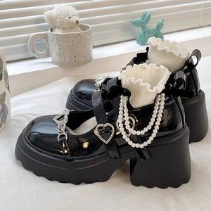 Dress Shoes Sweet Heart-Shaped Buckle Lolita Women Patent Leather Platform Mary Janes Woman Metal Decoration Chunky Heels Pumps 2023 231011
