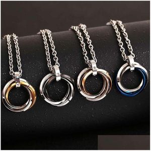 Pendant Necklaces Stainless Steel Three Rings Pendant Necklace Gold Ring Crystal Necklaces For Women Men Fashion Jewelry Will And Sand Dhph6