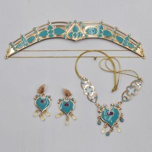 Hochzeits-Schmuckset Jasmine Royal Crown Stirnband Ohrringe Anhänger Halskette Set Blaugrün Dress Up Prinzessin Kostüm-Set für Erwachsene und Kinder 231012