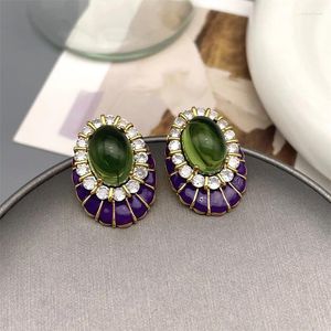 スタッドイヤリングヨーロッパとアメリカレトロジオメトリ象眼細工の緑色のガラス紫エナメルのための絶妙な贅沢