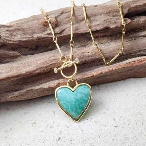 Pendant Necklaces FUWO 1PCS Handcrafted Natural Amazonite Necklace Golden OT Buckle Chain Heart-Shaped Semi-Precious Stone Women's Gift