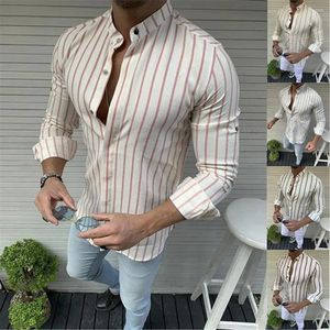 Herr t-skjortor män sommar mode casual randig långärmad toppblus stativ social klänning skjorta kläder lapel vänd ned krage