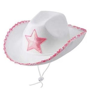 Шляпы с широкими полями Ковбойская шляпа с блестками и звездами Американская белая пятиконечная мода в стиле вестерн D3c92395