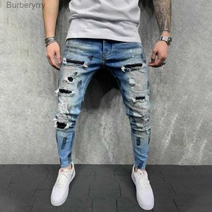 Men's Jeans New Fashion Design Hole Slim Jeans Men's Paint Ripped Stitching Skinny Denim Pants Casual Hollow Out Zipper Denim TrousersL231011