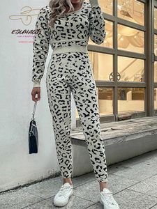 Zweiteilige Damenhose Herbst Winter Leopardenmuster Pullover Hose Zweiteiliger Anzug Damen 2-teilige Sets Damen Outfits Hosen und Pullover Anzüge 231011