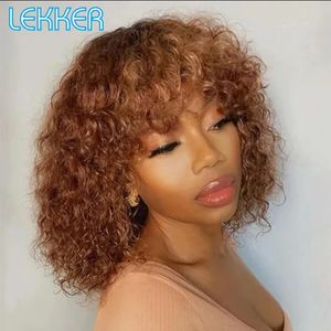 Synthetic Wigs Lekker Colored Short Afro Kinky Curly Bob Human Hair Bangs Wig For Women Brazilian Remy Hair Ombre Brown Loose Deep Wavy Wigs 231012