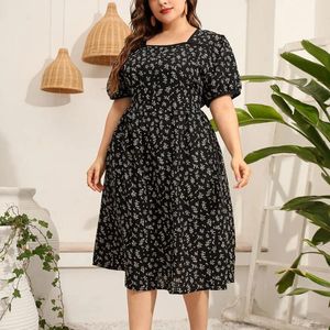 Vestidos casuais XL-5XL verão midi vestido quadrado colarinho manga curta cintura apertada grande bainha floral impressão plus size roupas femininas