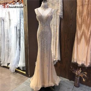 Festklänningar Elegant Dubai Champagne Evening Night Dress for Women 2023 Mermaid Pearls Sexig High Neck Long Formal Prom Wedding Downs