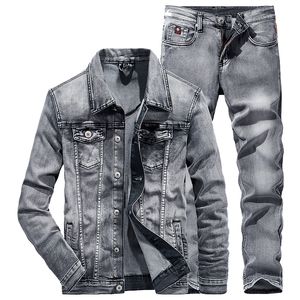 Simples magro conjuntos de jeans masculinos sólido estiramento multi-bolso manga longa jaqueta e calças 2 pçs conjunto primavera outono negócios casual S-5XL