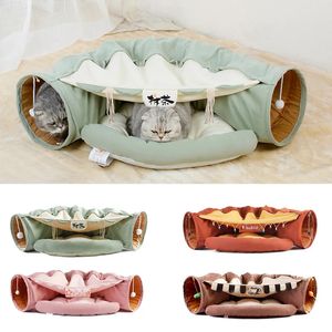 Cat Beds Furniture Foldable Cat Bed House Interactive Cat Tunnel Toy Drill Pipe Channel Shell Tube Kitten Cave With Balls Cushion Cats Accessories 231011