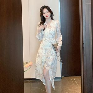 Casual Dresses Fall 2023 Chiffon Ruffled Floral Women's Niche Design Long Sleeve Dress