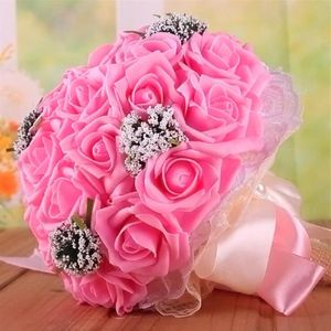 Lindo buquê de casamento de noiva, todos feitos à mão, buquês de flores de casamento, pérolas artificiais, buquê de rosas com presente 9 Col2681
